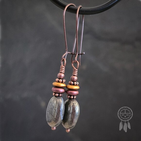 Boho Pyrite Earrings Real Gemstone Copper - Picture 6 of 12